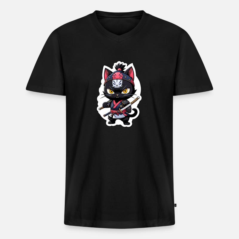 Ninja Katze - Samurai Kätzchen - Männer Premium Bio T-Shirt mit V-Ausschnitt - Schwarz