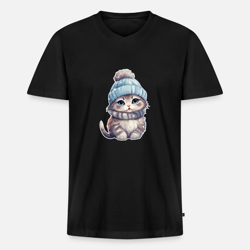 Winter Katze - Männer Premium Bio T-Shirt mit V-Ausschnitt - Schwarz