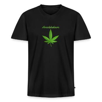 Amsterdam Weed Cannabis Leaf - T-shirt encolure en V Premium bio Homme - noir - Devant - Nico (187cm)