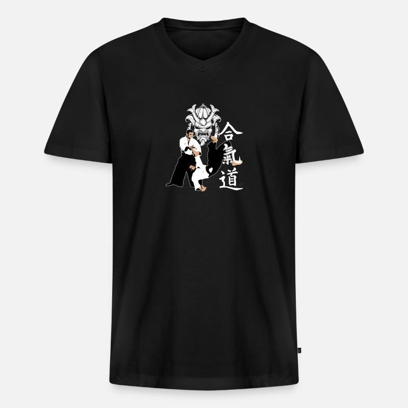 Aikido Samurai Mask - Männer Premium Bio T-Shirt mit V-Ausschnitt - Schwarz