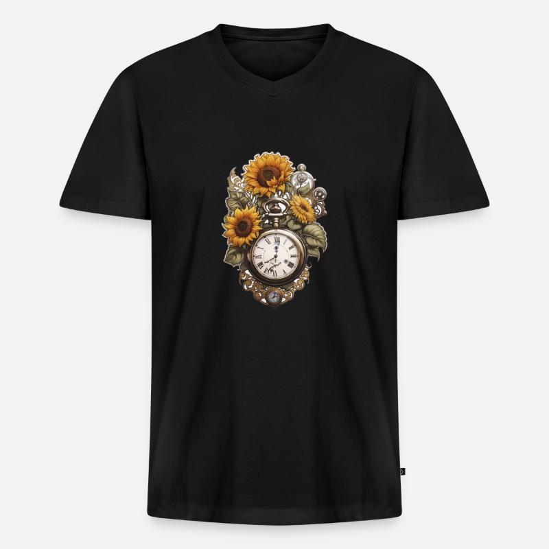 Uhr mit Sonnenblumen - Männer Premium Bio T-Shirt mit V-Ausschnitt - Schwarz