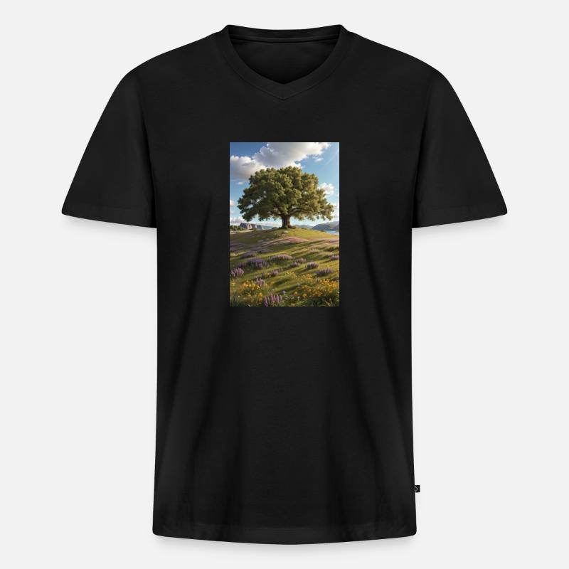 Eichenbaum auf Wildblumenwiese - Männer Premium Bio T-Shirt mit V-Ausschnitt - Schwarz