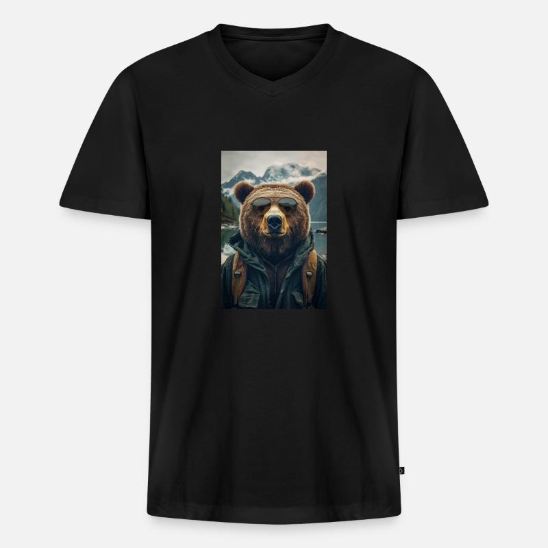 Cooler Wanderbär Entdecker - Männer Premium Bio T-Shirt mit V-Ausschnitt - Schwarz