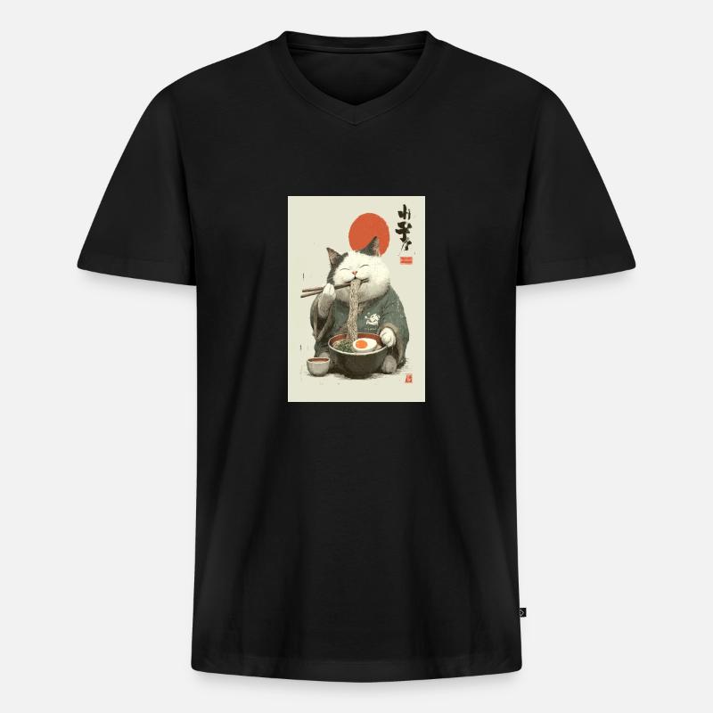 Samurai-Katze schlürft Ramen - Männer Premium Bio T-Shirt mit V-Ausschnitt - Schwarz