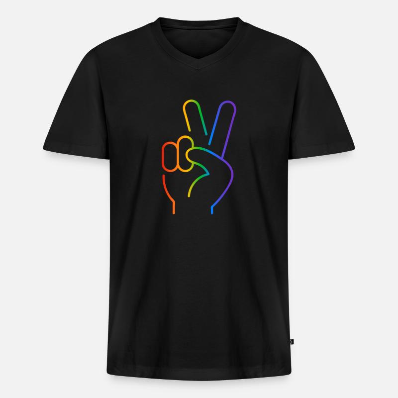 Peace-Zeichen 2 Finger Regenbogen - Männer Premium Bio T-Shirt mit V-Ausschnitt - Schwarz