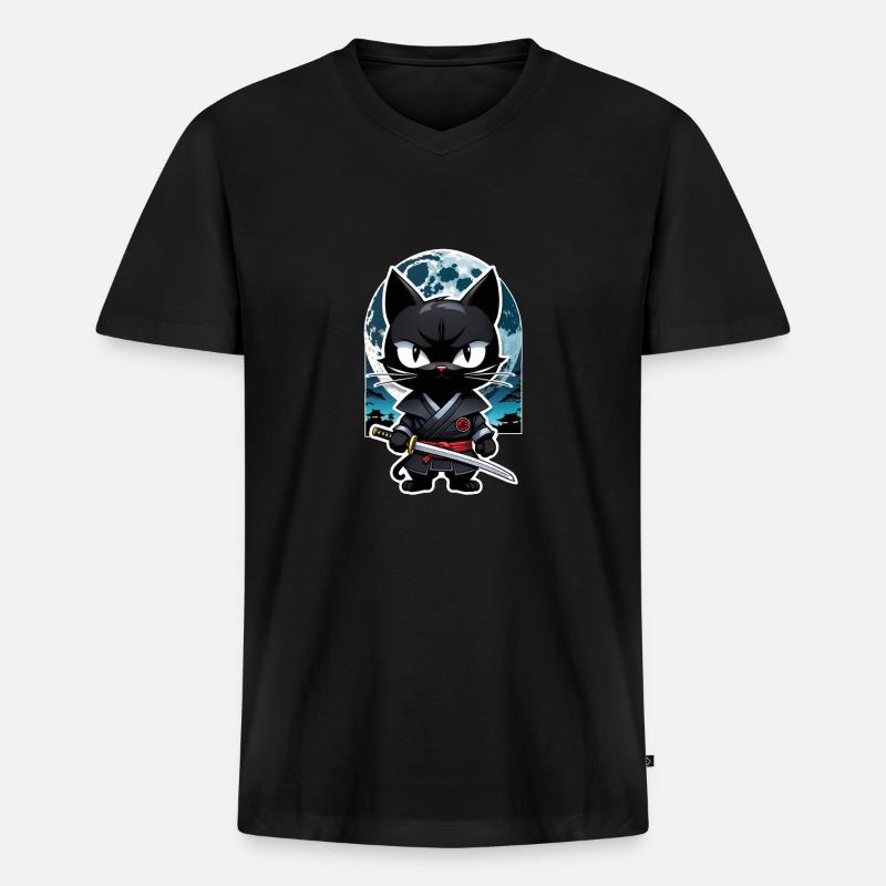 Ninja Katze - Samurai Kätzchen - Männer Premium Bio T-Shirt mit V-Ausschnitt - Schwarz