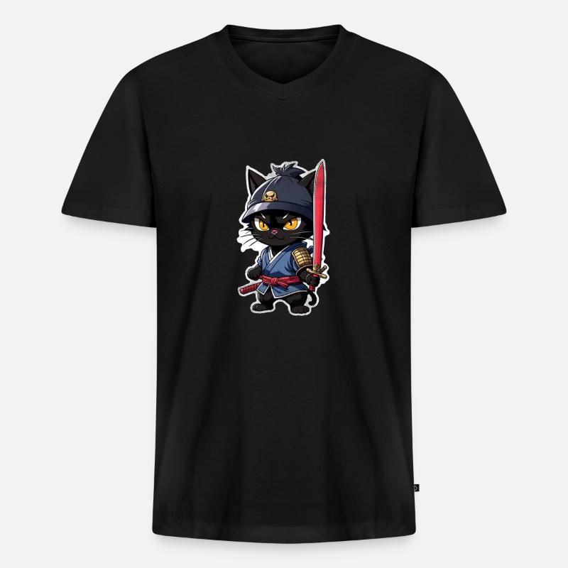 Ninja Katze - Samurai Kätzchen - Männer Premium Bio T-Shirt mit V-Ausschnitt - Schwarz