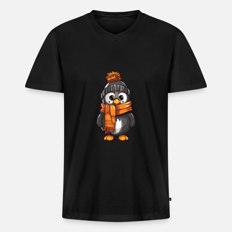 Pinguin Winter Comic - Männer Premium Bio T-Shirt mit V-Ausschnitt - Schwarz