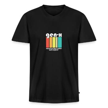 Funny Boomers Gen X Raised On Hose Water And - Männer Premium Bio T-Shirt mit V-Ausschnitt - Schwarz - Vorne - Nico (187cm)