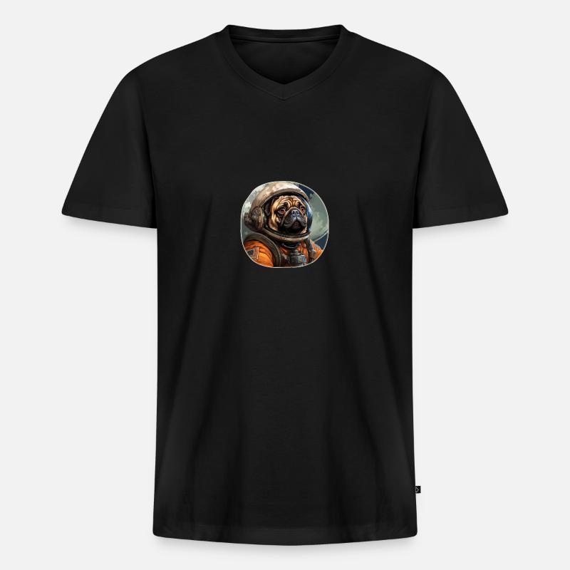 Mops Austronaut - Männer Premium Bio T-Shirt mit V-Ausschnitt - Schwarz