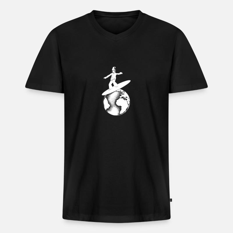 Retro Globe Surfer - Männer Premium Bio T-Shirt mit V-Ausschnitt - Schwarz