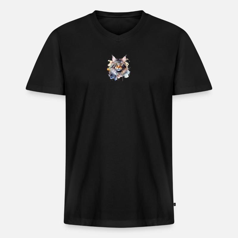 Katze Wasserfarben Maincoon - Männer Premium Bio T-Shirt mit V-Ausschnitt - Schwarz