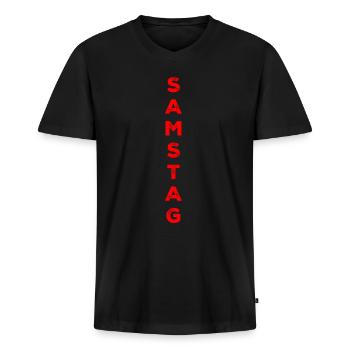 Samstag - rot - Männer Premium Bio T-Shirt mit V-Ausschnitt - Schwarz - Vorne - Nico (187cm)