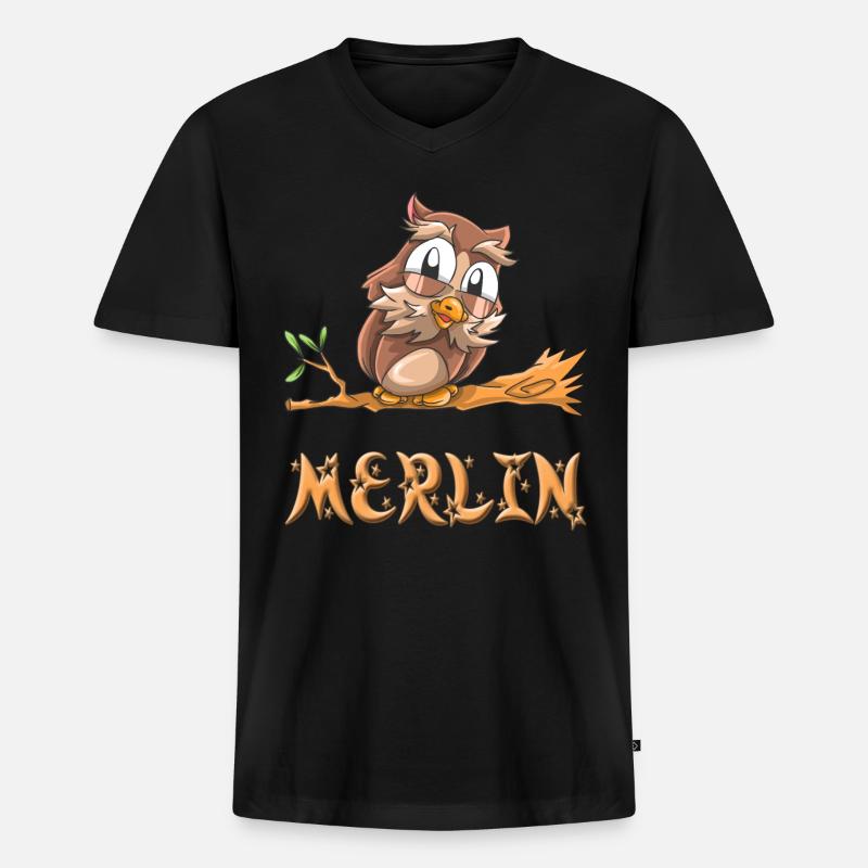 Eule Merlin - Männer Premium Bio T-Shirt mit V-Ausschnitt - Schwarz