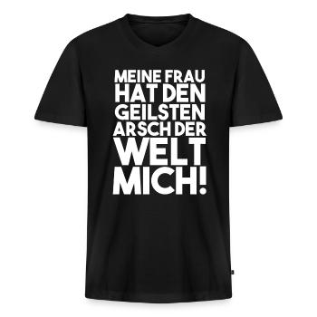 Meine Freu Hat Den Geilsten Arsch Der Welt Mich! - Männer Premium Bio T-Shirt mit V-Ausschnitt - Schwarz - Vorne - Nico (187cm)