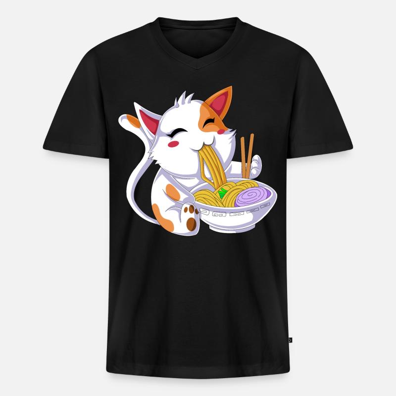 Katze isst Ramen - Männer Premium Bio T-Shirt mit V-Ausschnitt - Schwarz