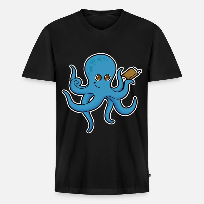 Krake mit Buch - Männer Premium Bio T-Shirt mit V-Ausschnitt - Schwarz