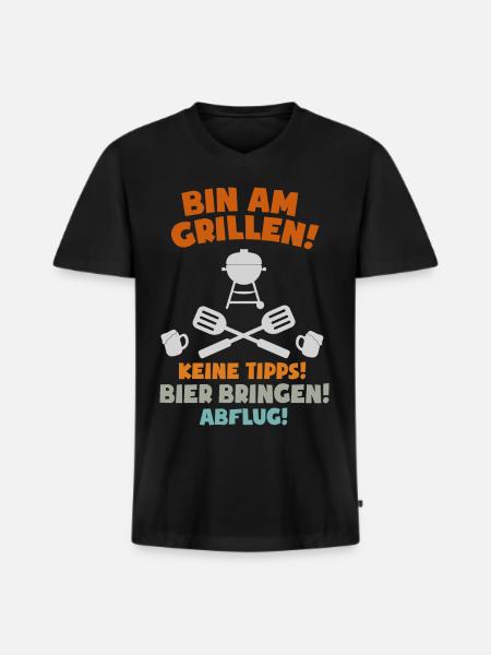 BIN AM GRILLEN BBQ Grillmeister - Männer Premium Bio T-Shirt mit V-Ausschnitt - Schwarz