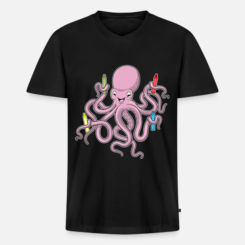 Krake mit Wachsmalstifte - Männer Premium Bio T-Shirt mit V-Ausschnitt - Schwarz
