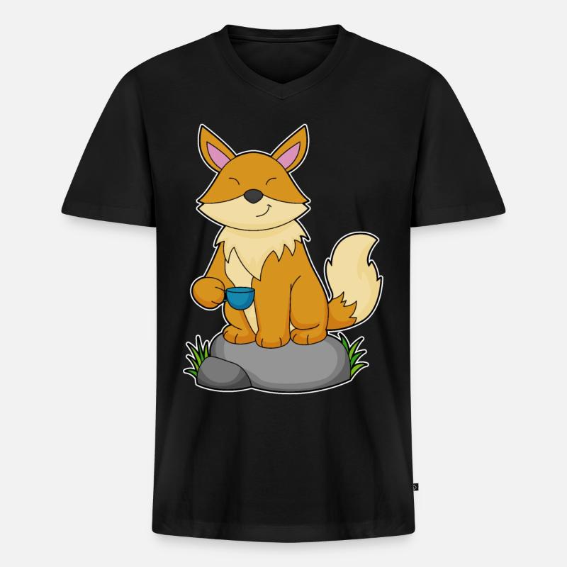 Fuchs mit Kaffeetasse - Männer Premium Bio T-Shirt mit V-Ausschnitt - Schwarz