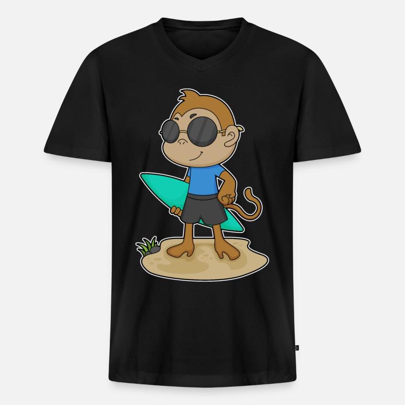 Affe Surfer Surfbrett - Männer Premium Bio T-Shirt mit V-Ausschnitt - Schwarz