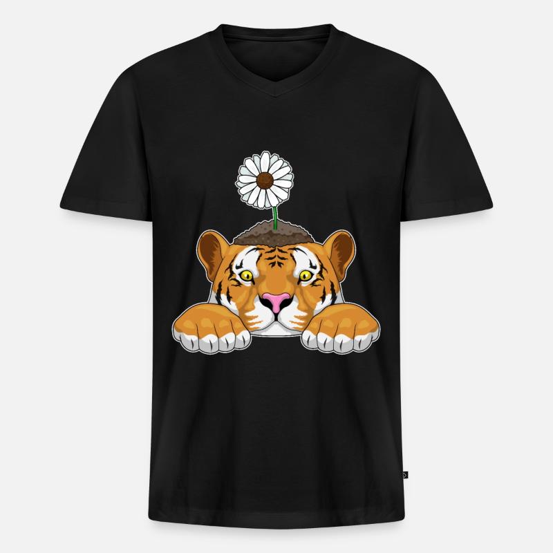 Tiger Gänseblümchen - Männer Premium Bio T-Shirt mit V-Ausschnitt - Schwarz
