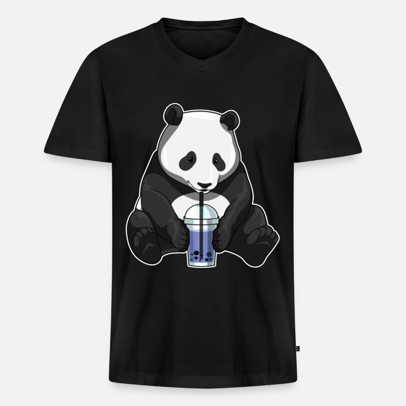 Panda Bubble Tea - Männer Premium Bio T-Shirt mit V-Ausschnitt - Schwarz