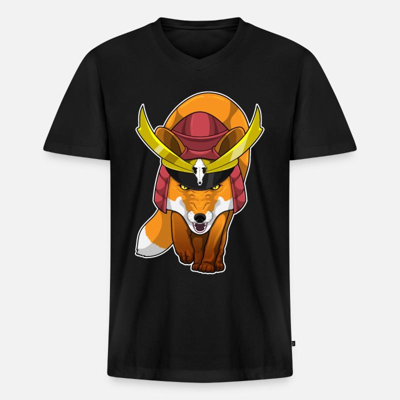 Fuchs Samurai Kampfkunst - Männer Premium Bio T-Shirt mit V-Ausschnitt - Schwarz