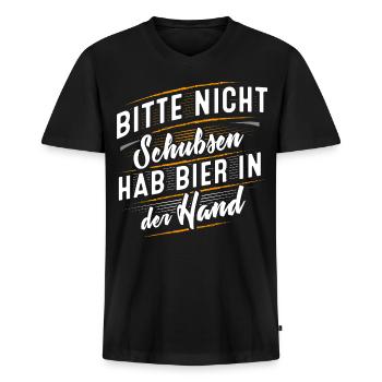Bitte nicht schubsen - Ich hab Bier in der Hand - Männer Premium Bio T-Shirt mit V-Ausschnitt - Schwarz - Vorne - Nico (187cm)