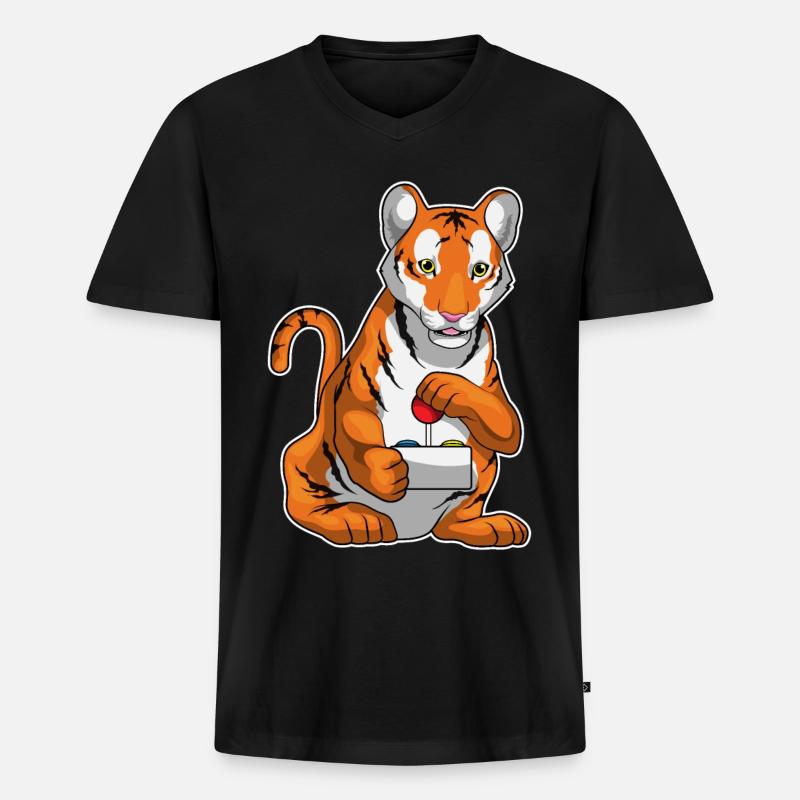 Tiger Gamer Controller - Männer Premium Bio T-Shirt mit V-Ausschnitt - Schwarz