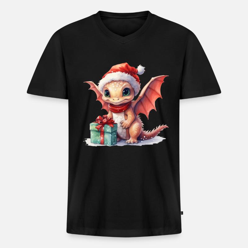 Weihnachtsdrache mit Geschenk - Männer Premium Bio T-Shirt mit V-Ausschnitt - Schwarz