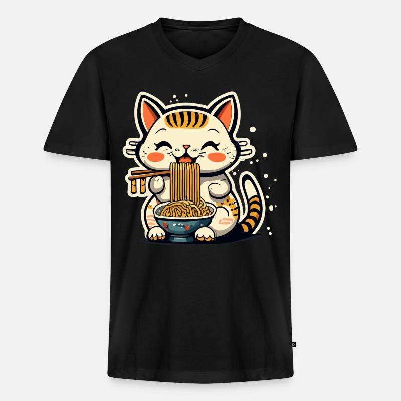 Ramen Cat - Männer Premium Bio T-Shirt mit V-Ausschnitt - Schwarz