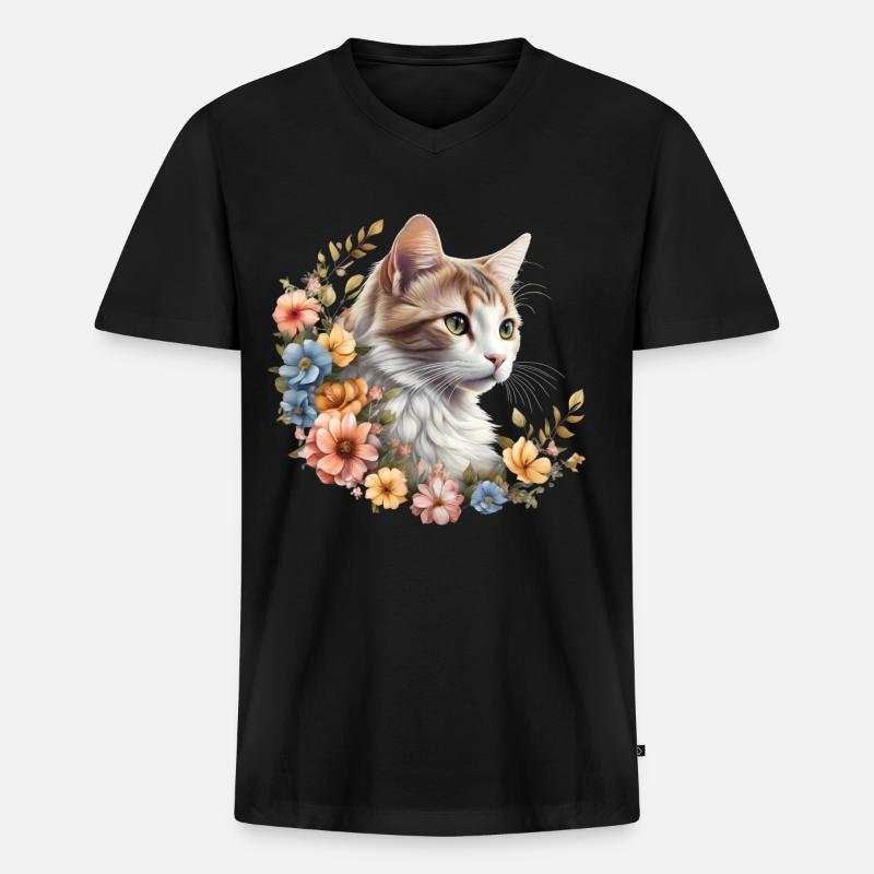 Blütenpracht Samtpfote - Männer Premium Bio T-Shirt mit V-Ausschnitt - Schwarz