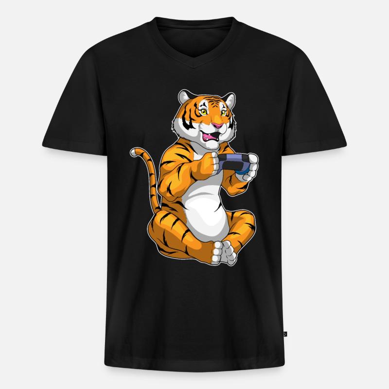 Tiger Gamer Controller - Männer Premium Bio T-Shirt mit V-Ausschnitt - Schwarz