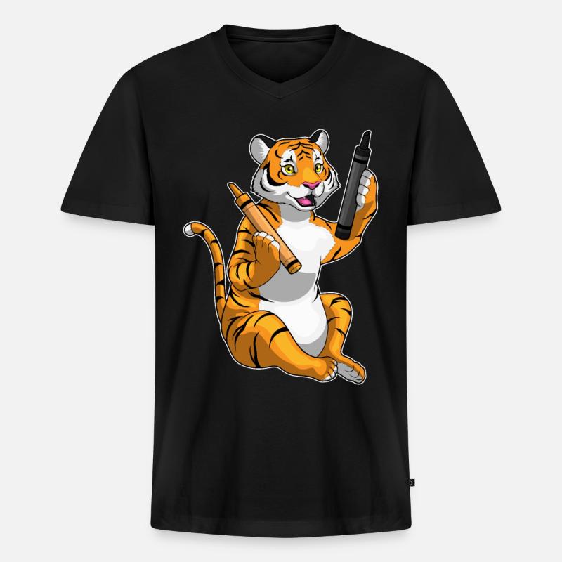 Tiger Schüler Buntstift Schule - Männer Premium Bio T-Shirt mit V-Ausschnitt - Schwarz