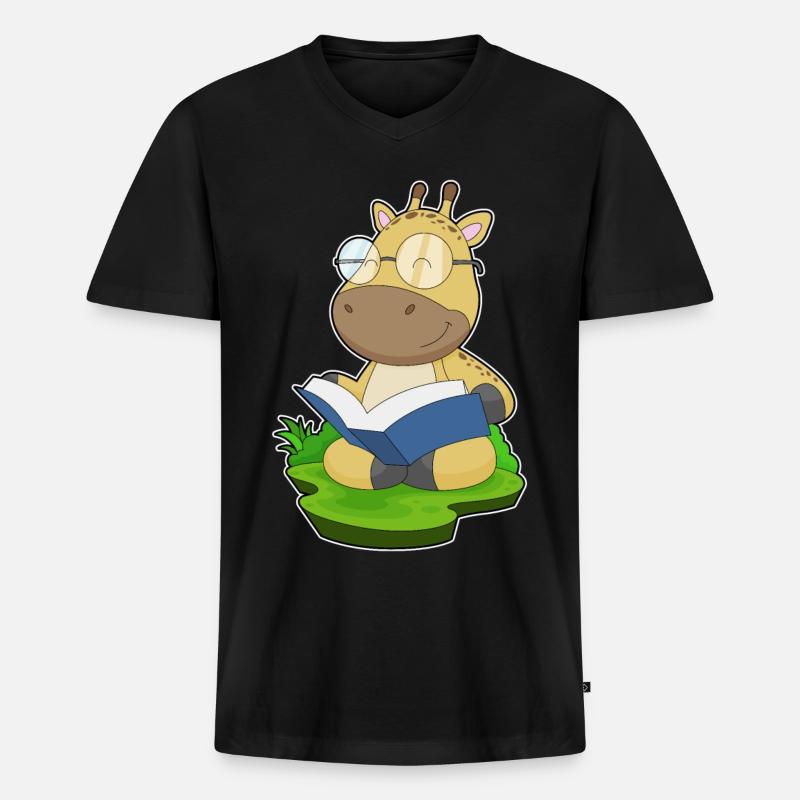 Giraffe Nerd Buch - Männer Premium Bio T-Shirt mit V-Ausschnitt - Schwarz