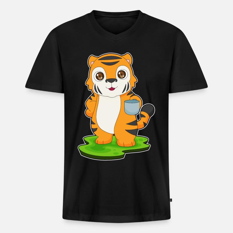 Tiger Kaffee Tasse - Männer Premium Bio T-Shirt mit V-Ausschnitt - Schwarz