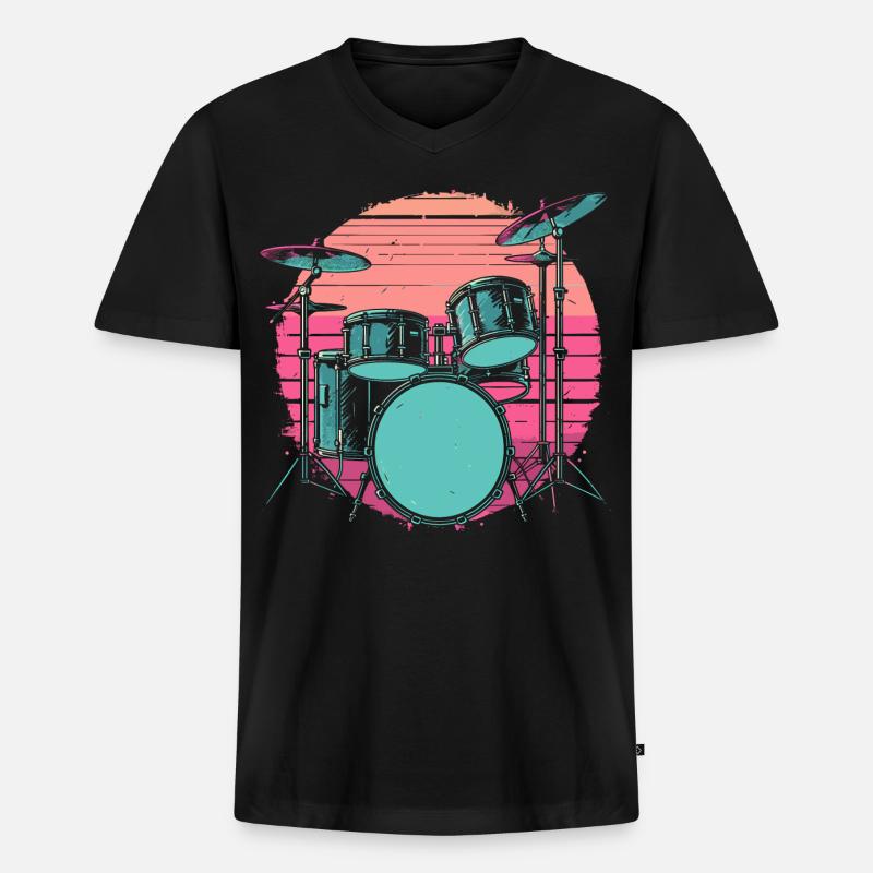 Schlagzeug Synthwave - Männer Premium Bio T-Shirt mit V-Ausschnitt - Schwarz