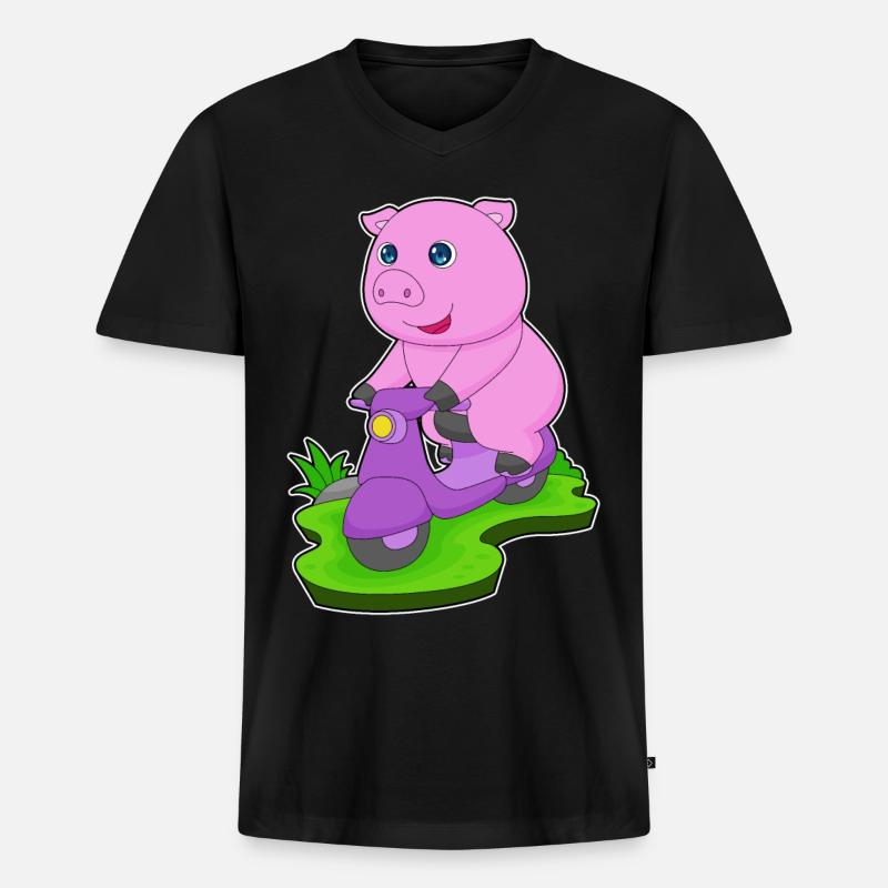 Schwein Motorroller - Männer Premium Bio T-Shirt mit V-Ausschnitt - Schwarz