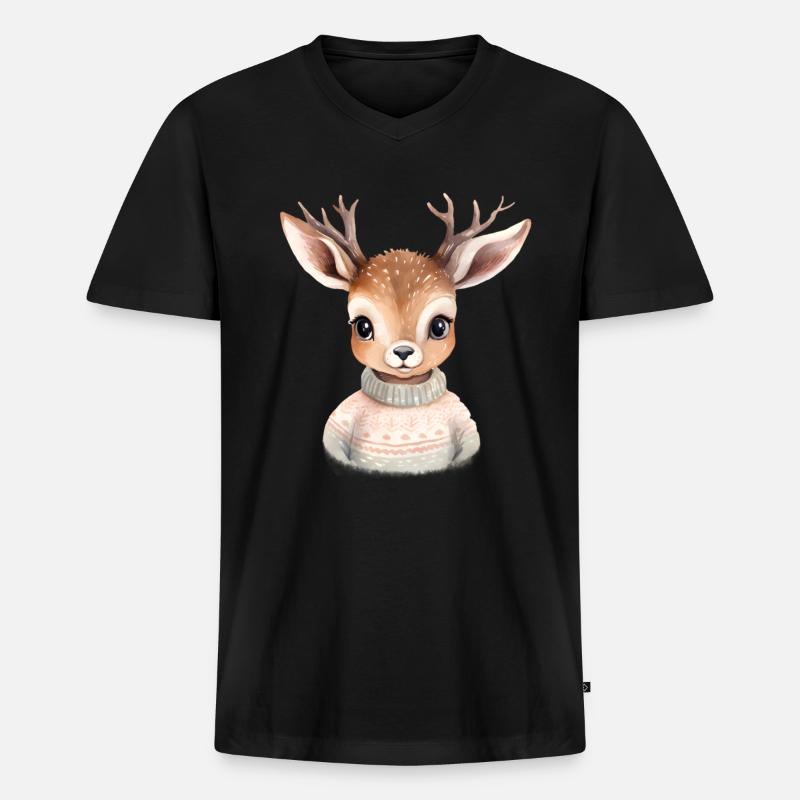 Kuscheliges Reh im Winterpullover - Männer Premium Bio T-Shirt mit V-Ausschnitt - Schwarz