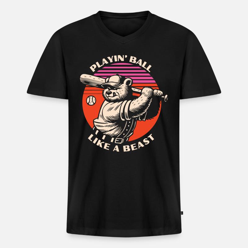 Baseball Beast Bear - Männer Premium Bio T-Shirt mit V-Ausschnitt - Schwarz