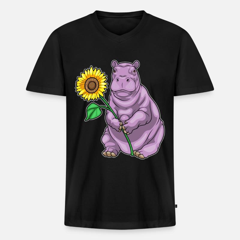 Nilpferd Sonnenblume Blumen - Männer Premium Bio T-Shirt mit V-Ausschnitt - Schwarz