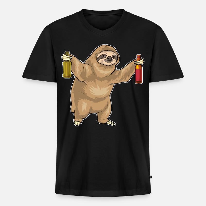 Faultier Flasche Bier - Männer Premium Bio T-Shirt mit V-Ausschnitt - Schwarz