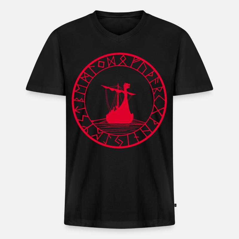 Rotes Wikinger-Langschiff und Kompass - Männer Premium Bio T-Shirt mit V-Ausschnitt - Schwarz