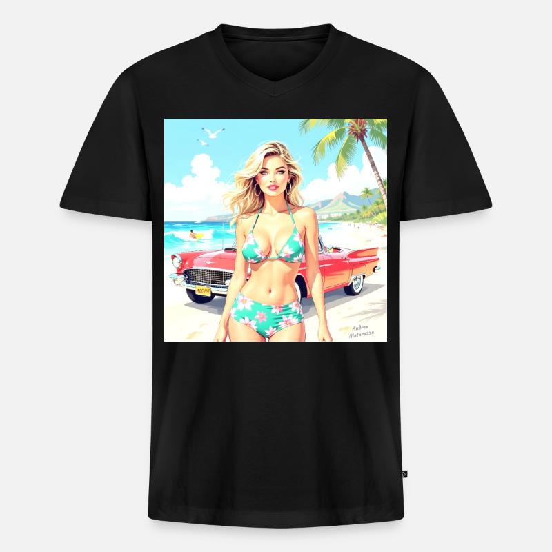Frau am Strand mit Oldtimer - Männer Premium Bio T-Shirt mit V-Ausschnitt - Schwarz