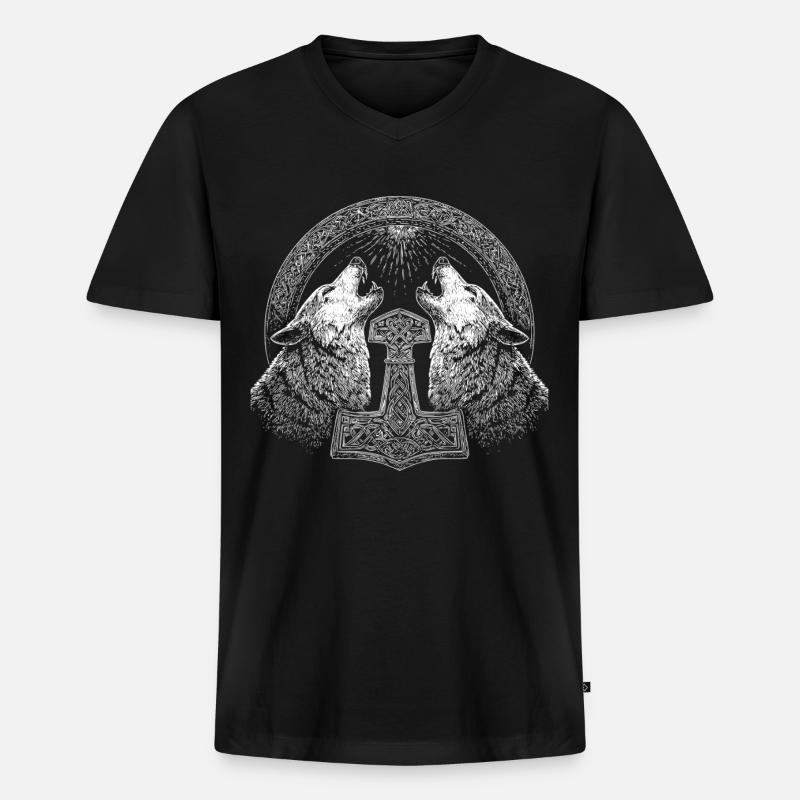 Wolf Thor Hammer Wikinger - Männer Premium Bio T-Shirt mit V-Ausschnitt - Schwarz