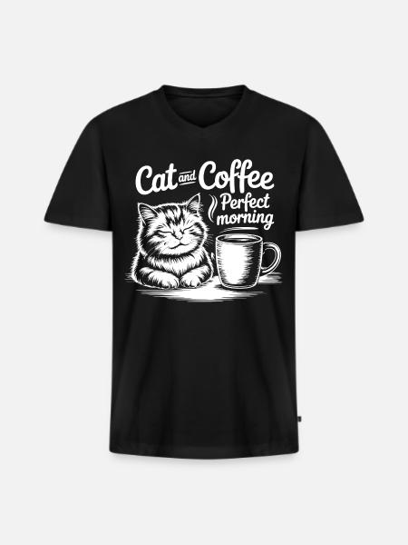 Katzenliebe und Kaffeegenuss - Männer Premium Bio T-Shirt mit V-Ausschnitt - Schwarz