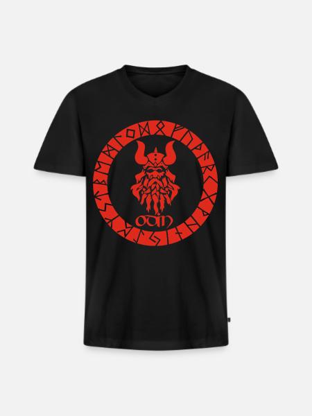 Gott Odin und rote Wikinger-Runen - Männer Premium Bio T-Shirt mit V-Ausschnitt - Schwarz