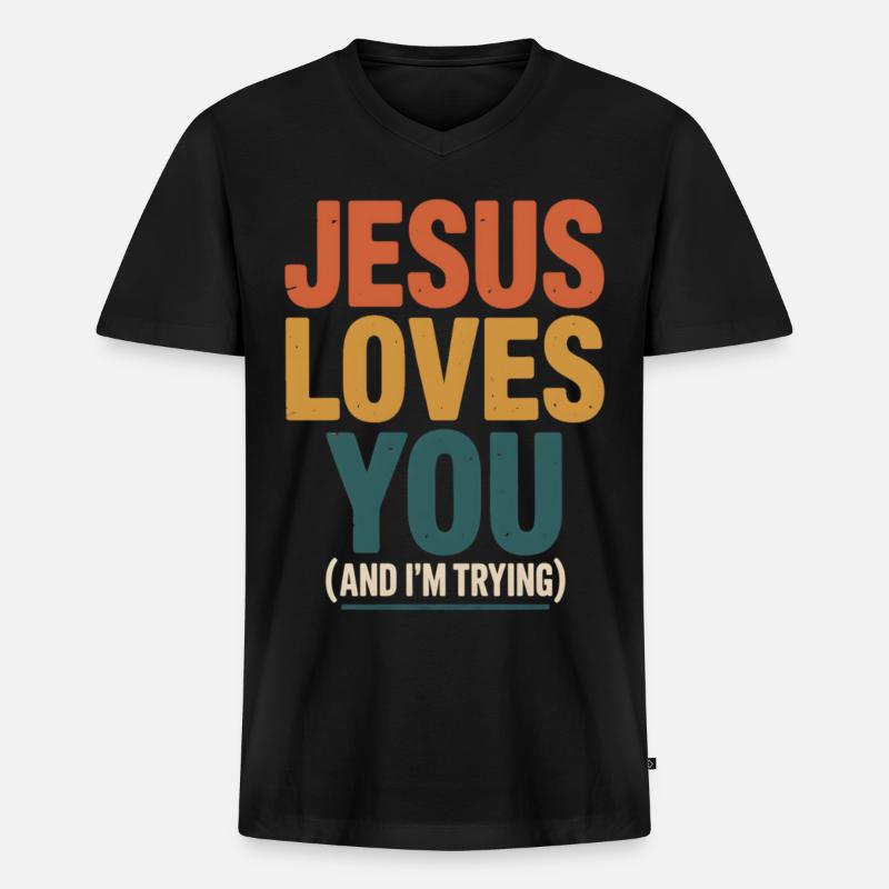 Jesus liebt dich (ich versuche) - Männer Premium Bio T-Shirt mit V-Ausschnitt - Schwarz