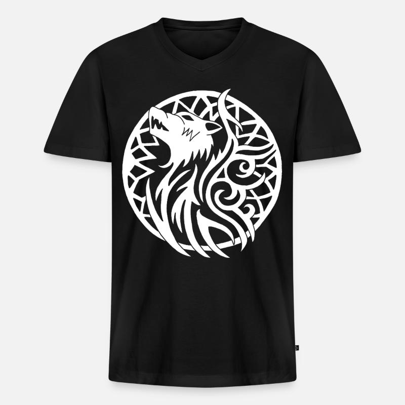 Weißer Wikingerwolf und Glücksbringer - Männer Premium Bio T-Shirt mit V-Ausschnitt - Schwarz